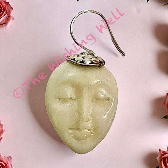 Resin Carved Goddess Face Sterling 925 Earrings - Picture 4 of 6